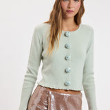 Rose Button Lettuce Edge Knit Cardigan