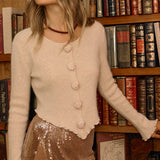 Rose Button Lettuce Edge Knit Cardigan