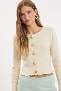 Rose Button Lettuce Edge Knit Cardigan