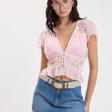 Chiffon V Neck Cap Sleeve Top