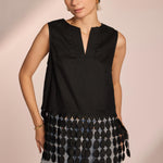 Sleeveless Dotted Lace Fringe Linen Top - black, womens top collection
