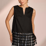 Sleeveless Dotted Lace Fringe Linen Top - black, womens top collection