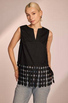 Sleeveless Dotted Lace Fringe Linen Top - black, womens top collection