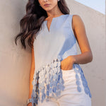 Sleeveless Dotted Lace Fringe Linen Top - blue chambray, womens top collection