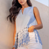 Sleeveless Dotted Lace Fringe Linen Top - blue chambray, womens top collection