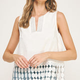 Sleeveless Dotted Lace Fringe Linen Top - off white, womens top collection
