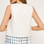 Sleeveless Dotted Lace Fringe Linen Top - off white, womens top collection