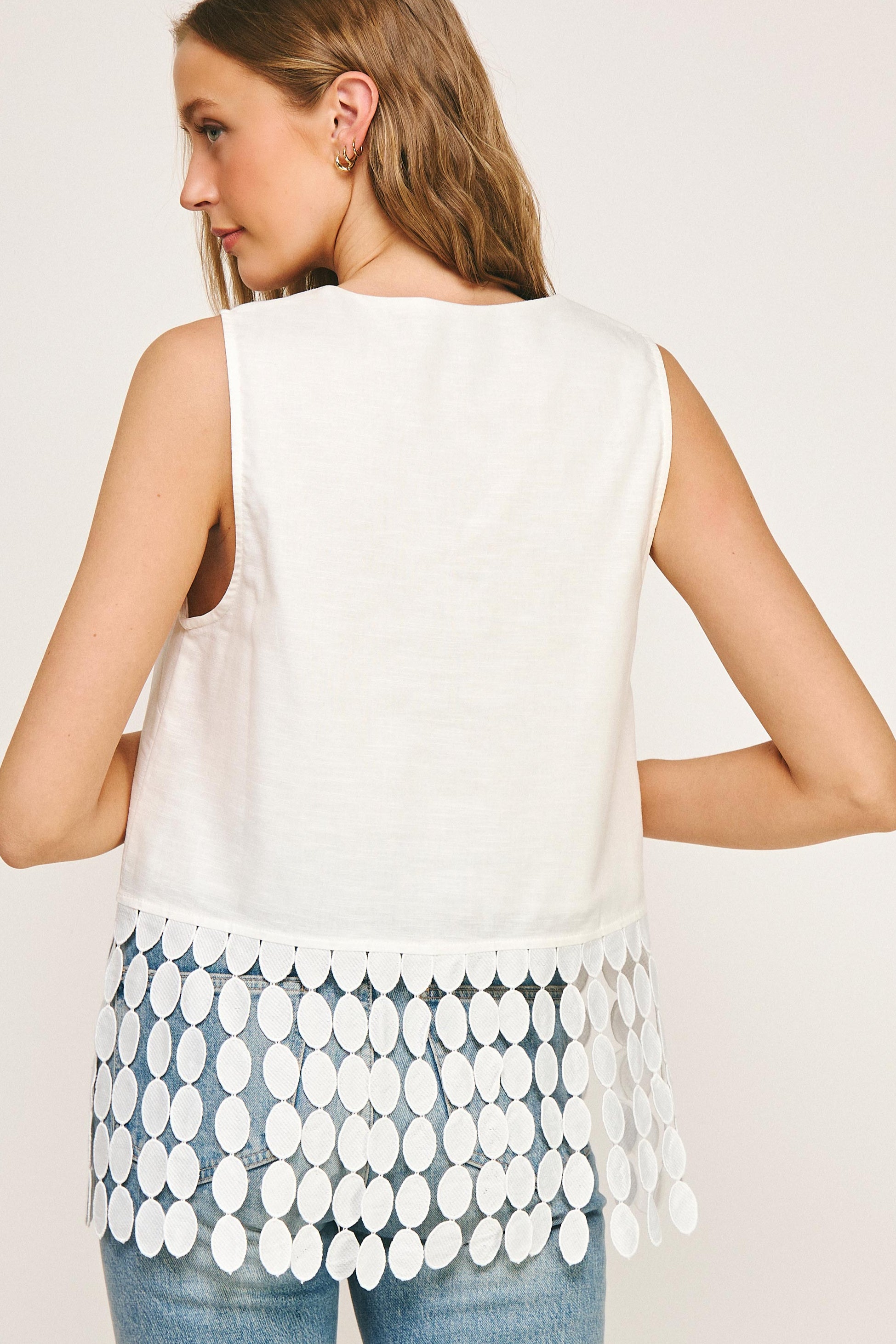 Sleeveless Dotted Lace Fringe Linen Top - off white, womens top collection