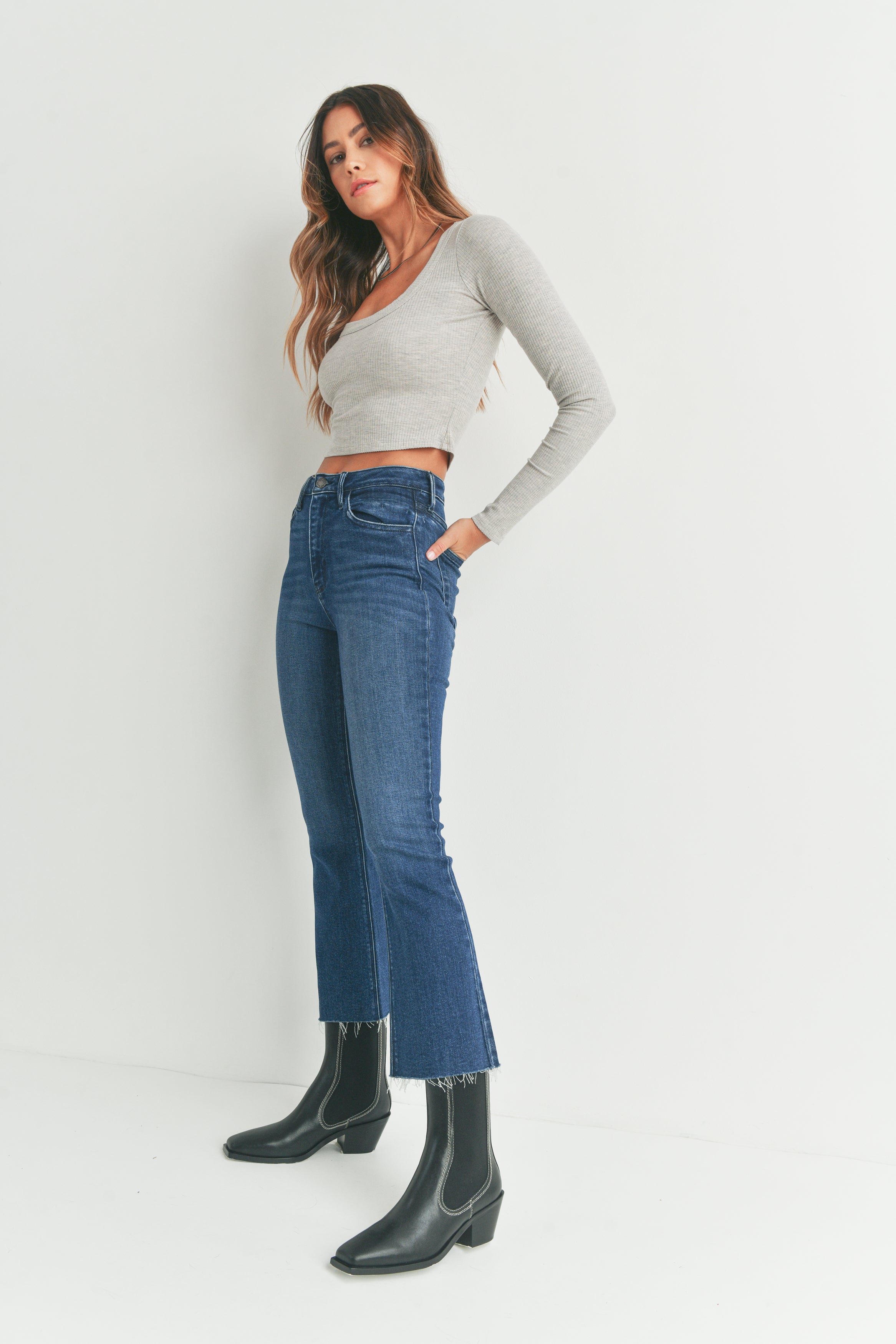 Kick Crop Cropped Jeans And Booties Just Black- High Rise Crop Flare