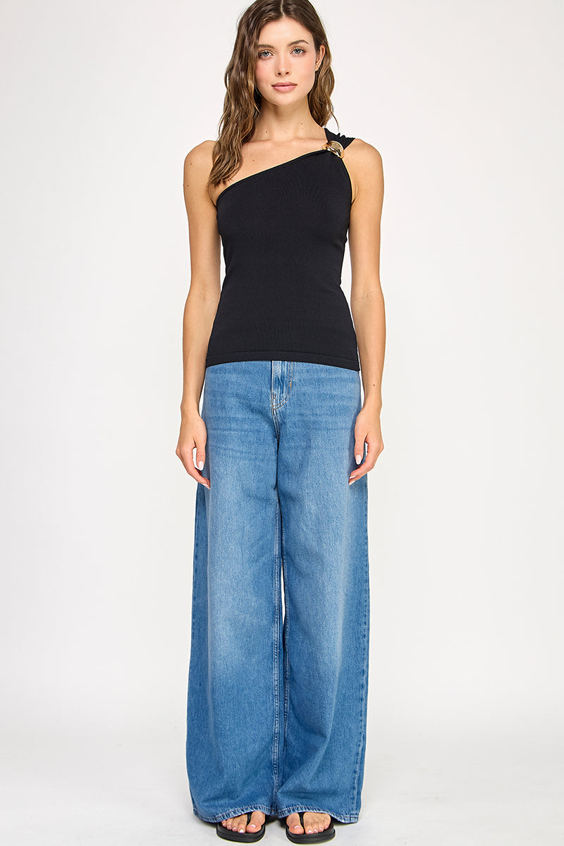 One Shoulder Top With Trim Detail - Black, Women's Tops Collection