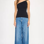 One Shoulder Top With Trim Detail - Black, Women's Tops Collection