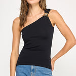 One Shoulder Top With Trim Detail - Black, Women's Tops Collection