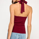 Ribbed Halter Top With Bow Tie - cherry red, womens top collection
