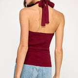 Ribbed Halter Top With Bow Tie - cherry red, womens top collection