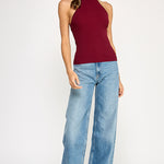 Ribbed Halter Top With Bow Tie - cherry red, womens top collection
