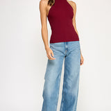 Ribbed Halter Top With Bow Tie - cherry red, womens top collection