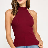 Ribbed Halter Top With Bow Tie - cherry red, womens top collection