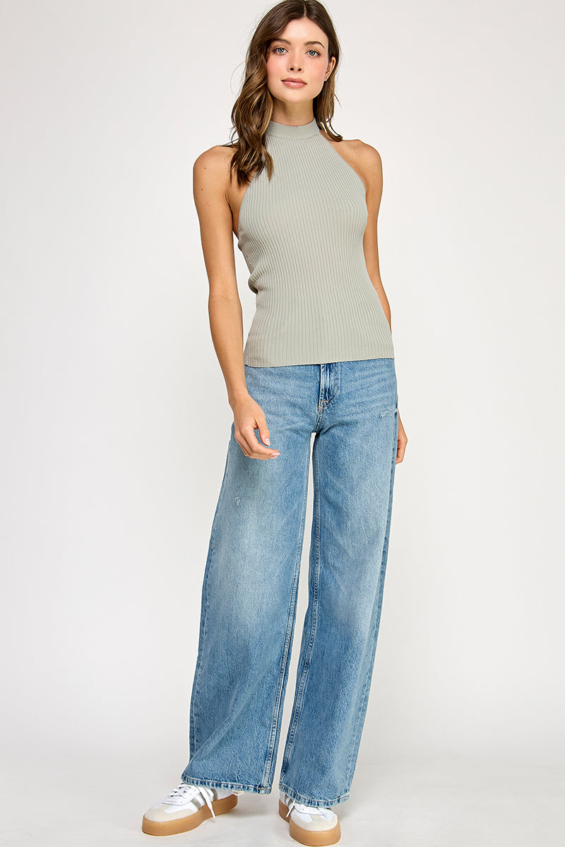 Ribbed Halter Top With Bow Tie - sea green, womens top collection