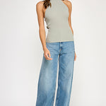 Ribbed Halter Top With Bow Tie - sea green, womens top collection
