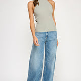 Ribbed Halter Top With Bow Tie - sea green, womens top collection