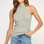 Ribbed Halter Top With Bow Tie - sea green, womens top collection