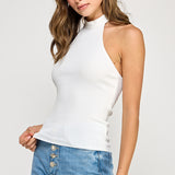 Ribbed Halter Top With Bow Tie - white, womens top collection
