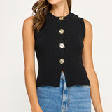Sleeveless Knit Cardigan with Starburst Buttons