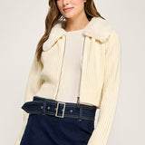 Faux Fur Lapel Knit Cardigan