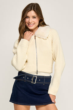 Faux Fur Lapel Knit Cardigan