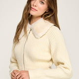Faux Fur Lapel Knit Cardigan