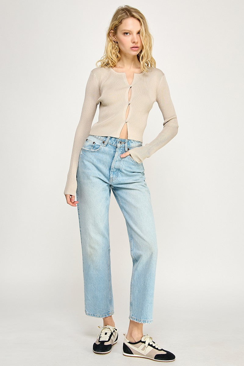 Ribbed Button Down long sleeve Top - 3 button front closure, beige, women's top collection