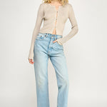Ribbed Button Down long sleeve Top - 3 button front closure, beige, women's top collection