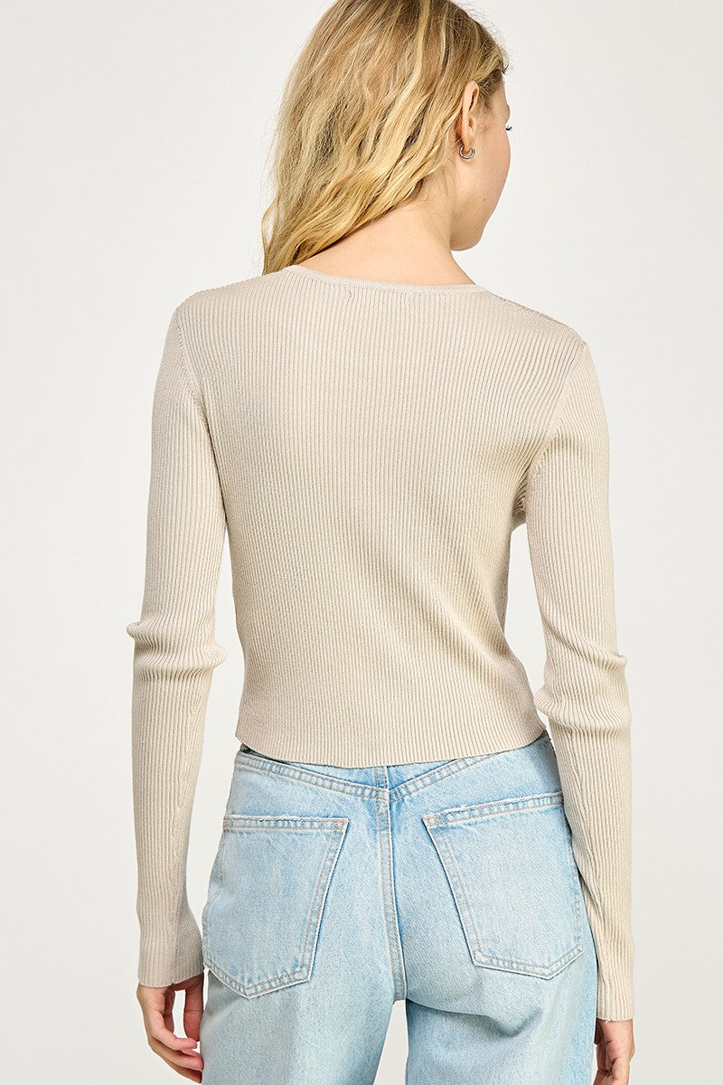 Ribbed Button Down long sleeve Top - 3 button front closure, beige, women's top collection