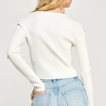 Ribbed Button Down long sleeve Top - 3 button front closure, white, women's top collection