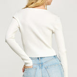 Ribbed Button Down long sleeve Top - 3 button front closure, white, women's top collection