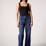 Wide Leg Jean With Gold Button Detail - dark denim, womens jean collection