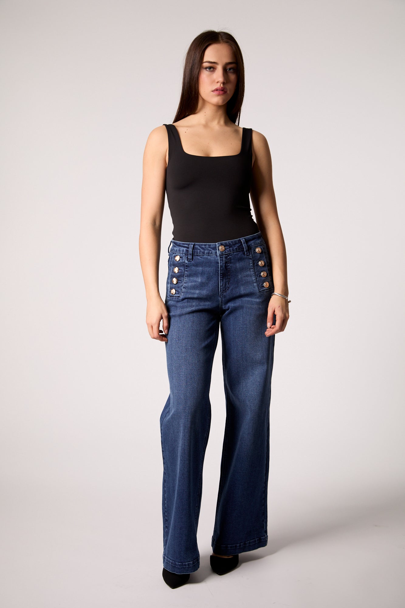 Wide Leg Jean With Gold Button Detail - dark denim, womens jean collection