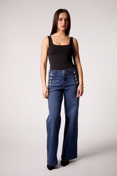 Wide Leg Jean With Gold Button Detail - dark denim, womens jean collection