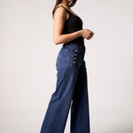 Wide Leg Jean With Gold Button Detail - dark denim, womens jean collection