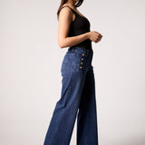 Wide Leg Jean With Gold Button Detail - dark denim, womens jean collection