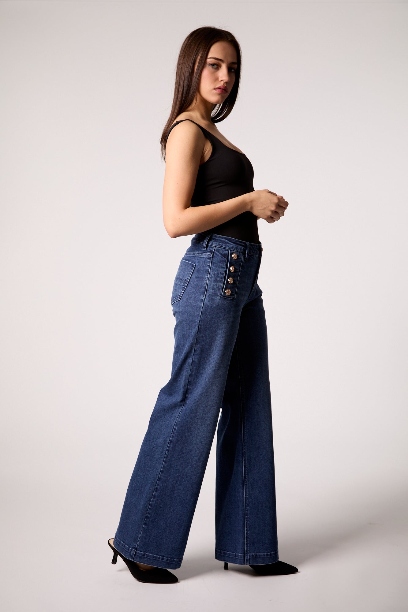 Wide Leg Jean With Gold Button Detail - dark denim, womens jean collection