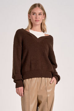 V Neck Sweater With Tank Insert - Brown/White, Women's Tops Collection