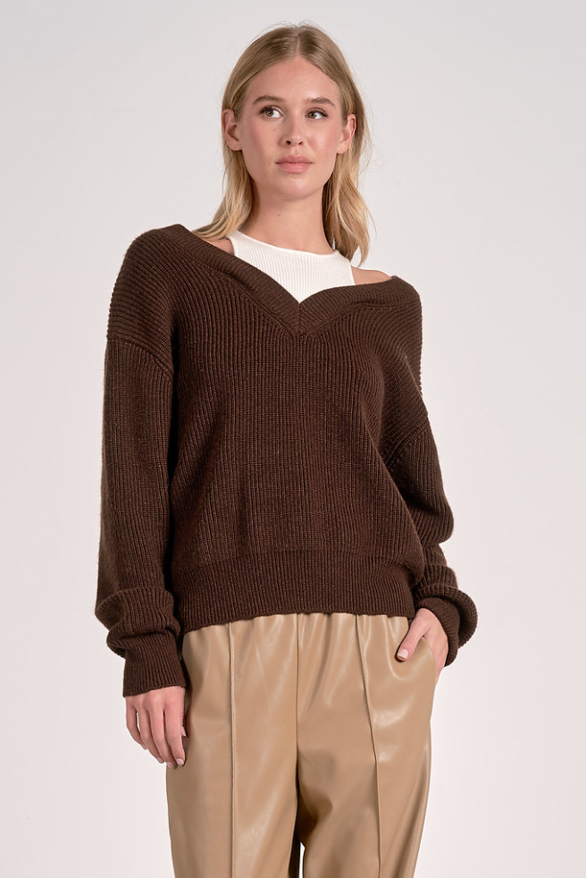 V Neck Sweater With Tank Insert - Brown/White, Women's Tops Collection