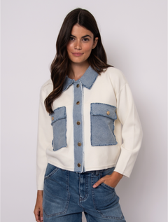 Knit Sweater Jacket With Denim Collar Pockets & Gold Buttons
