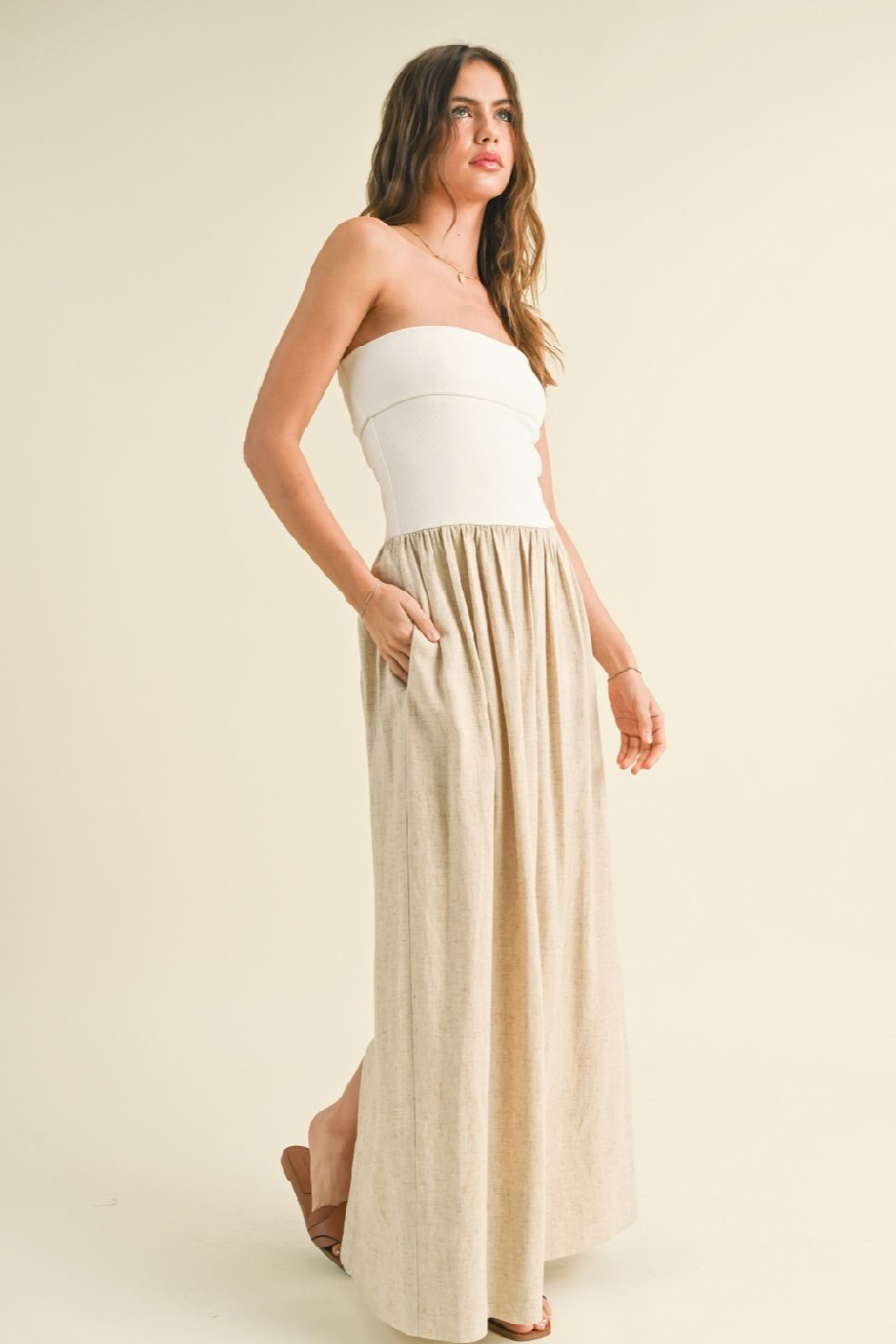 Linen With Ribbed Knit Top Combo Dress, White/Oatmeal, Women's Dresses Collection