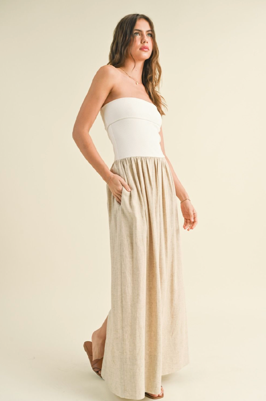 Linen With Ribbed Knit Top Combo Dress, White/Oatmeal, Women's Dresses Collection