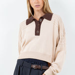 Contrast Collar Cable Pointelle Sweater - sand with brown collar, womens sweater collection
