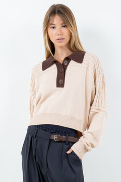 Contrast Collar Cable Pointelle Sweater - sand with brown collar, womens sweater collection
