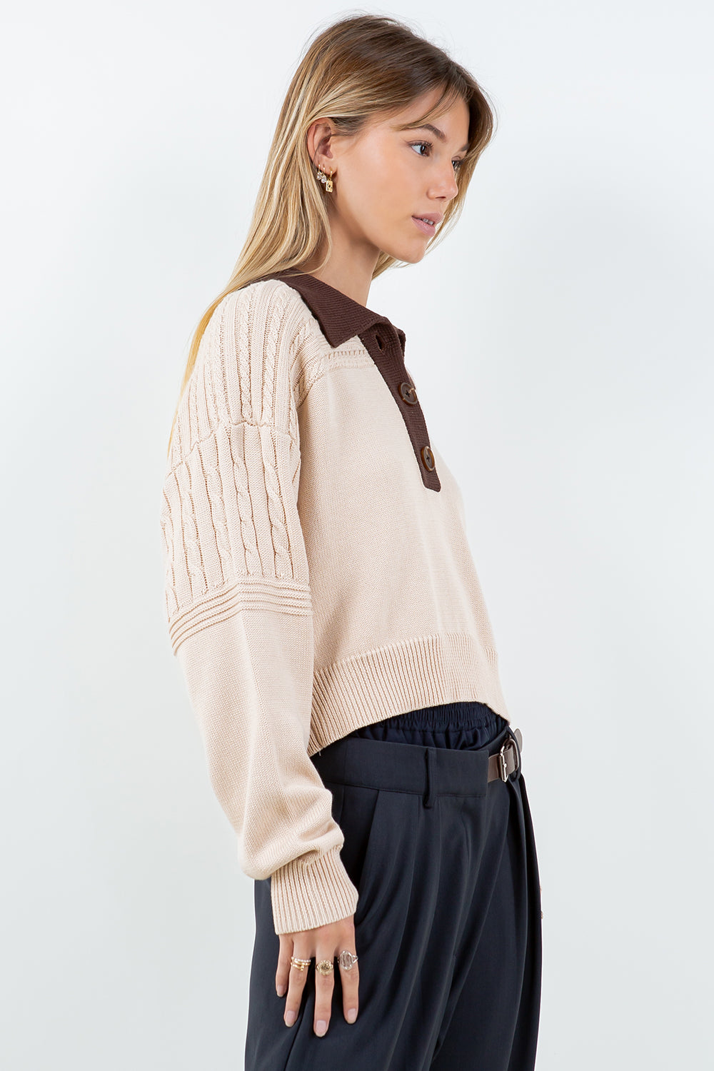 Contrast Collar Cable Pointelle Sweater - sand with brown collar, womens sweater collection