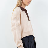 Contrast Collar Cable Pointelle Sweater - sand with brown collar, womens sweater collection